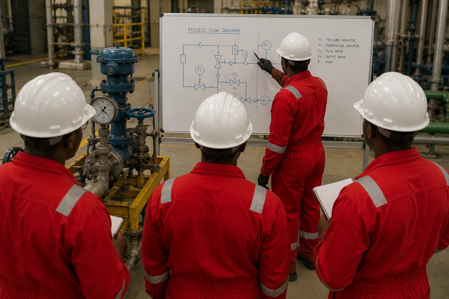Forza Projects crew reviewing a process flow diagram during a technical training briefing